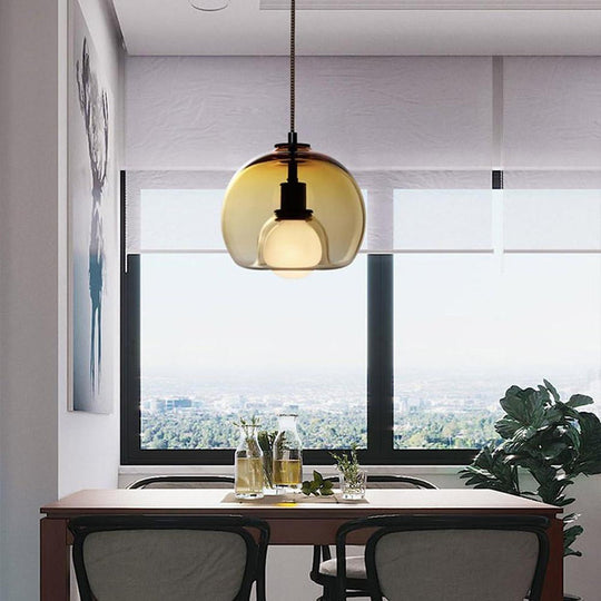 LED Double Glass Pendant Light Semi Globe Glass Pendant Ceiling Light Metal