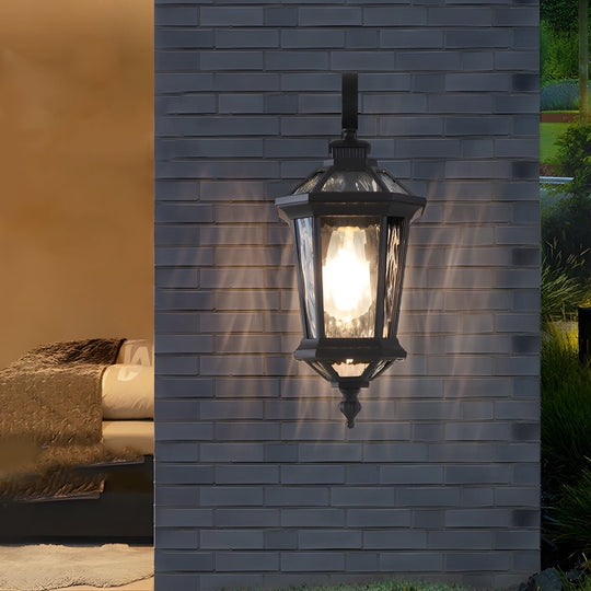 Black Outdoor Wall Lantern with Clear Water Glass