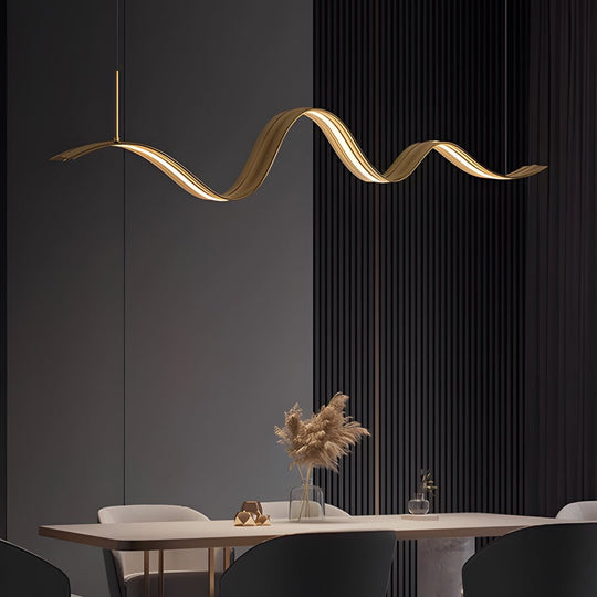 1 Light Linear LED Brass Elegant Flow Wave Pendant Light for Kitchen Island