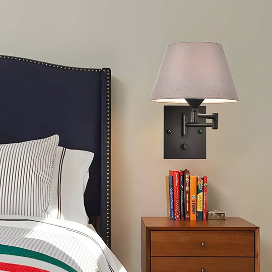 1-Light Linen/Brown/White Plug-In Swing Arm Wall Lamp with Fabric Shade