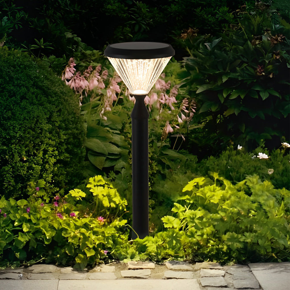 Round Black Solar LED Outdoor Light with Ribbed Lampshade