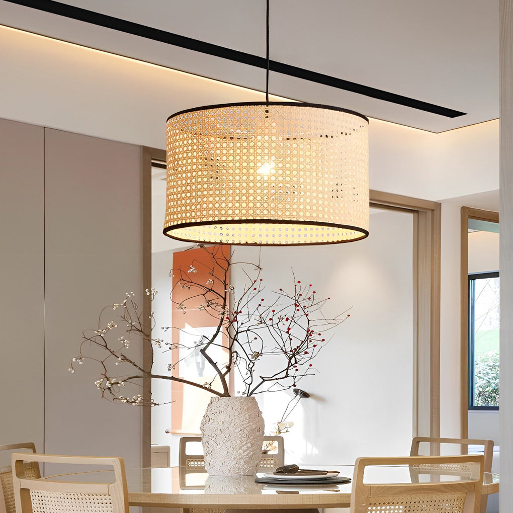 Farmhouse Round Bamboo Hanging Pendant Light – Kitchen &amp; Dining Room Ceiling Fixture