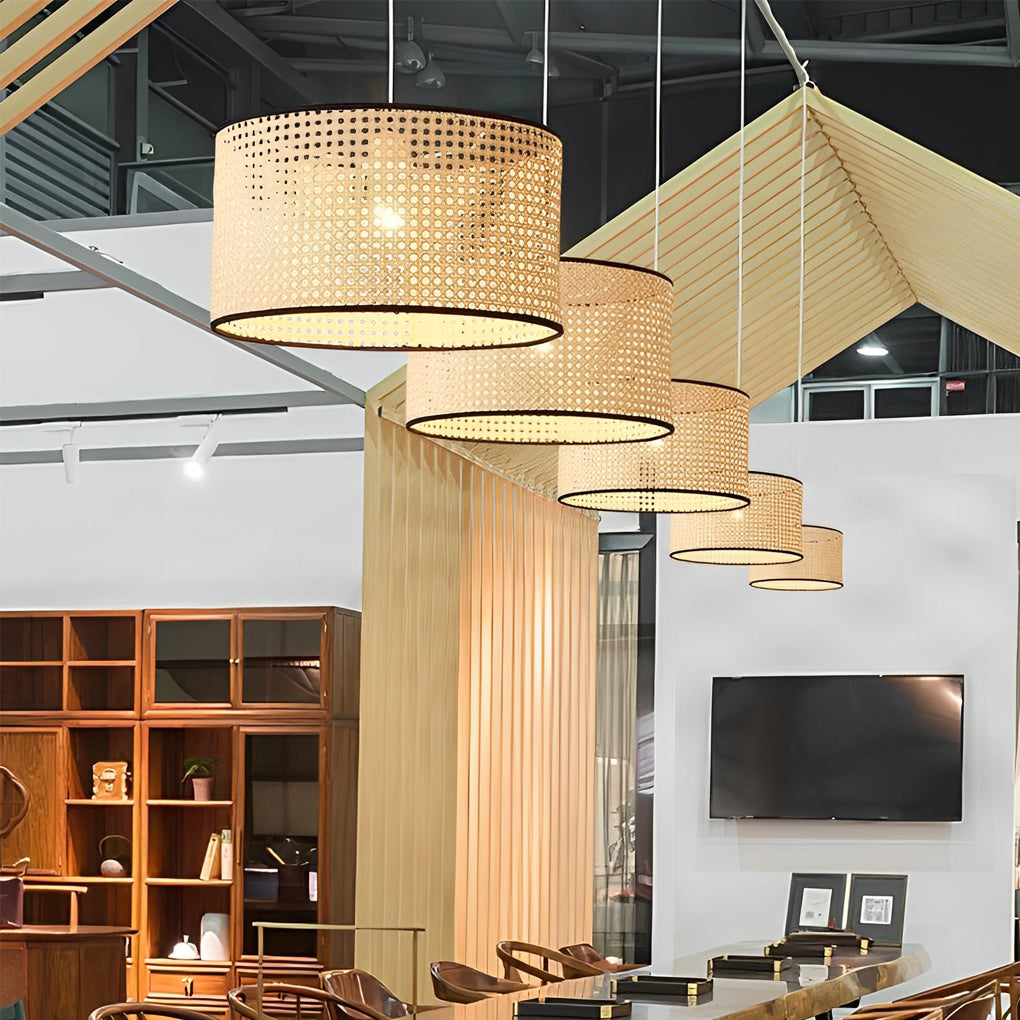 Farmhouse Round Bamboo Hanging Pendant Light – Kitchen &amp; Dining Room Ceiling Fixture