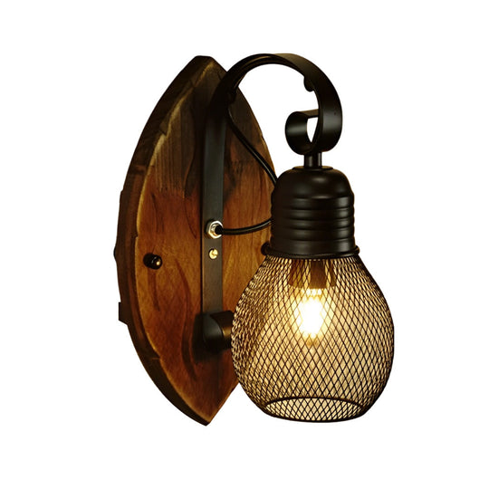 Rustic Antique Wood &amp; Iron Mesh Industrial Wall Lamp