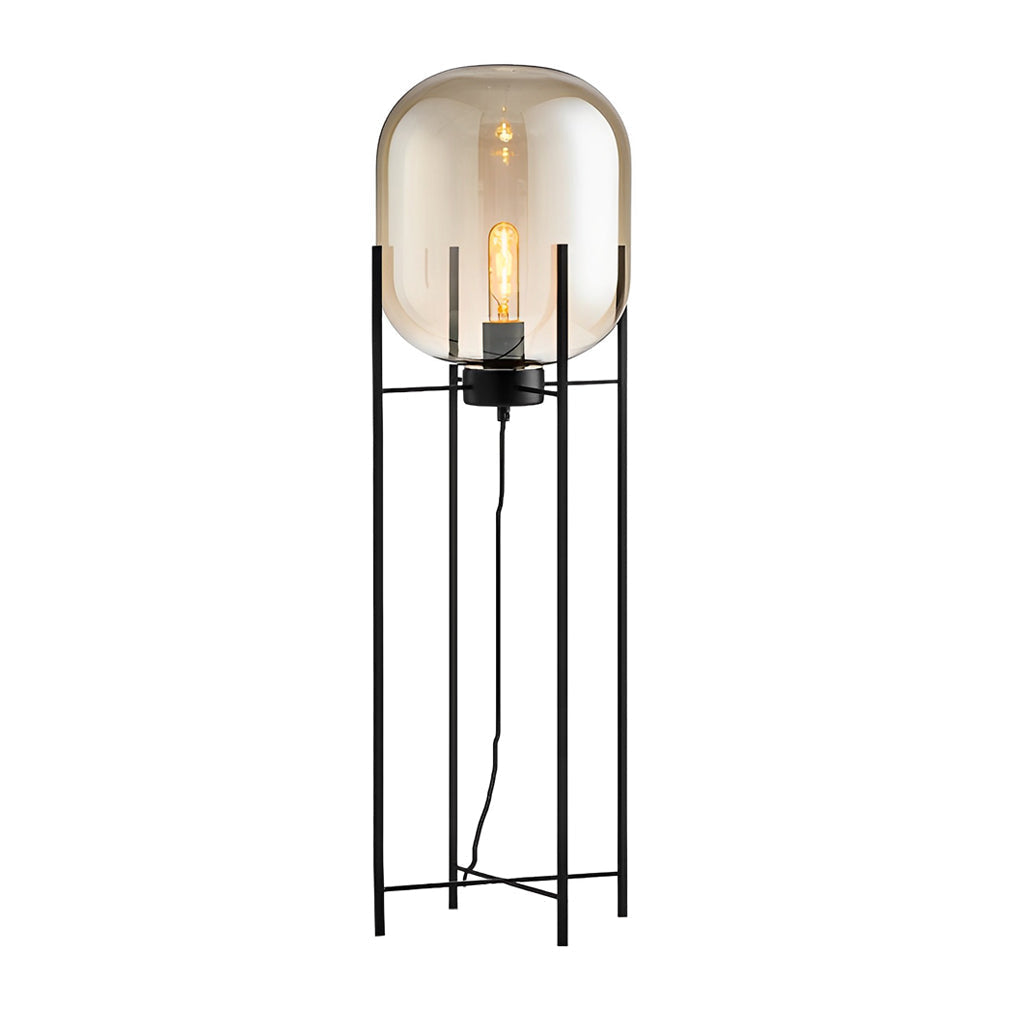 Industrial Standing Metal &amp; Hand-Blown Glass Floor Lamp