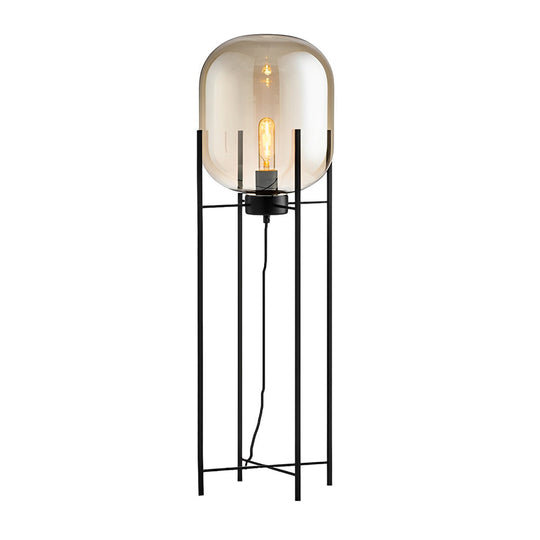 Industrial Standing Metal &amp; Hand-Blown Glass Floor Lamp