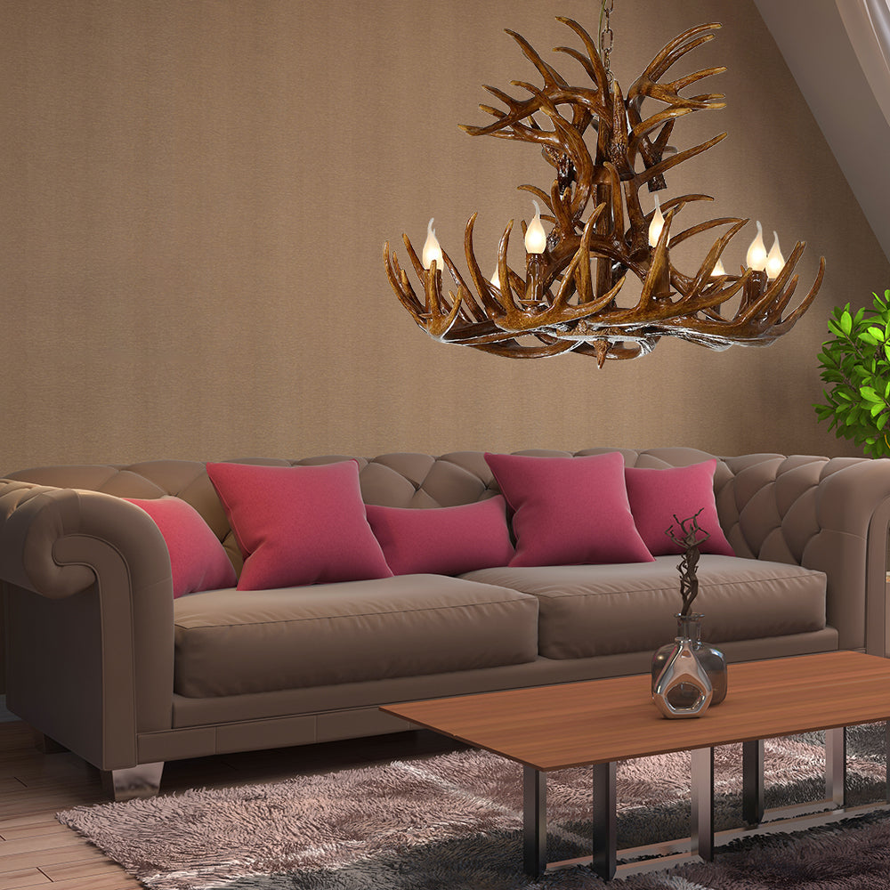 Rustic 9-Light Resin Antler Chandelier – Countryside Brown Pendant