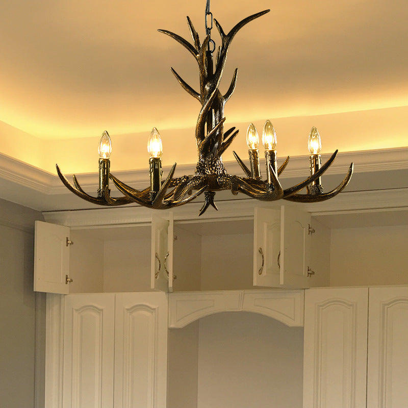 Rustic Brass Resin Antler Chandelier – 6/8/10-Light Pendant for Living &amp; Study Rooms