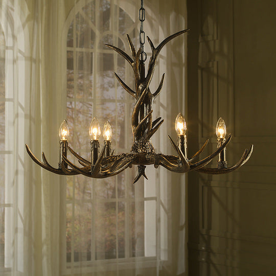Rustic Brass Resin Antler Chandelier – 6/8/10-Light Pendant for Living &amp; Study Rooms