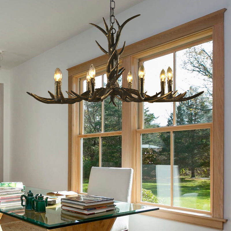 Rustic Brass Resin Antler Chandelier – 6/8/10-Light Pendant for Living &amp; Study Rooms