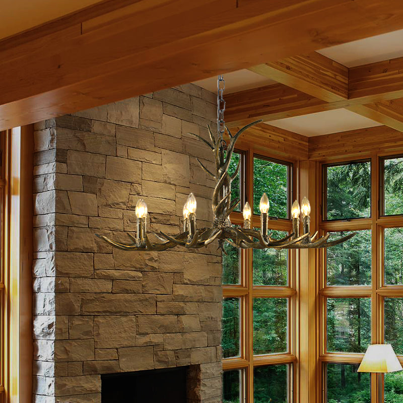 Rustic Brass Resin Antler Chandelier – 6/8/10-Light Pendant for Living &amp; Study Rooms