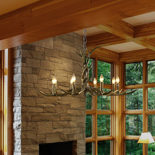 Rustic Brass Resin Antler Chandelier – 6/8/10-Light Pendant for Living &amp; Study Rooms