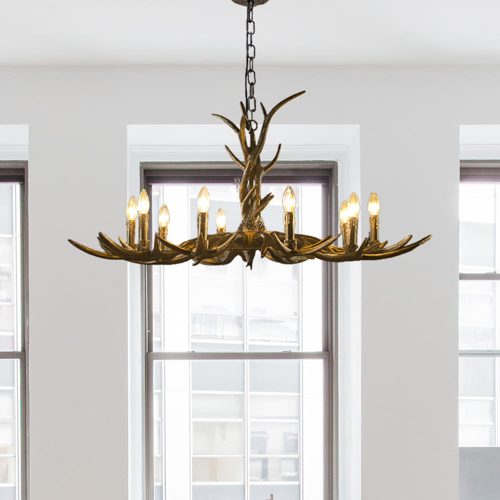 Rustic Brass Resin Antler Chandelier – 6/8/10-Light Pendant for Living &amp; Study Rooms