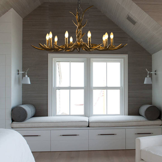 Rustic Brass Resin Antler Chandelier – 6/8/10-Light Pendant for Living &amp; Study Rooms