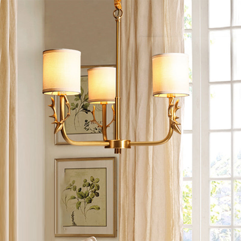 Nordic Cylindrical Chandelier with Antler Accents – Gold Fabric Shade Pendant Light