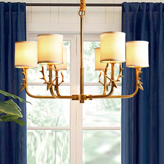Nordic Cylindrical Chandelier with Antler Accents – Gold Fabric Shade Pendant Light