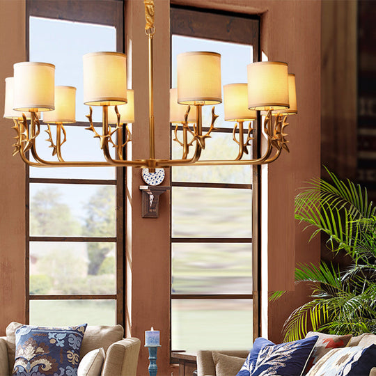 Nordic Cylindrical Chandelier with Antler Accents – Gold Fabric Shade Pendant Light