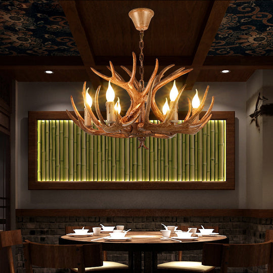 Rustic Resin Candle Chandelier – Country-Style Pendant with Antler Accents