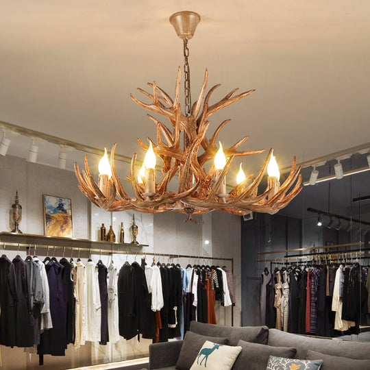 Rustic Resin Candle Chandelier – Country-Style Pendant with Antler Accents