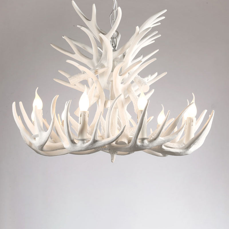 Artificial Antler Rustic Chandelier – Resin &amp; Wood Pendant with Exposed Bulbs
