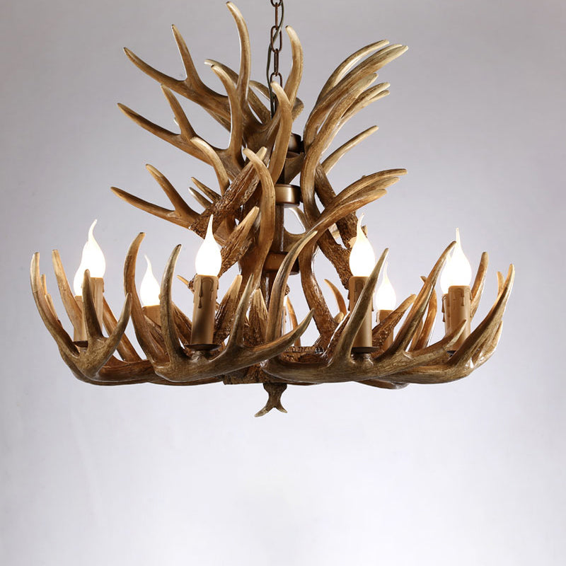 Artificial Antler Rustic Chandelier – Resin &amp; Wood Pendant with Exposed Bulbs