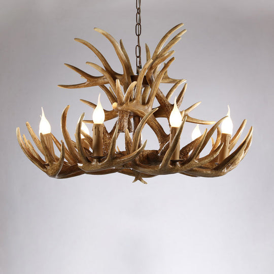 Artificial Antler Rustic Chandelier – Resin &amp; Wood Pendant with Exposed Bulbs
