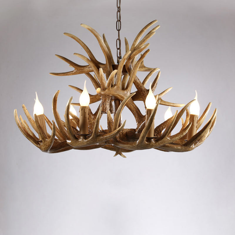 Artificial Antler Rustic Chandelier – Resin &amp; Wood Pendant with Exposed Bulbs