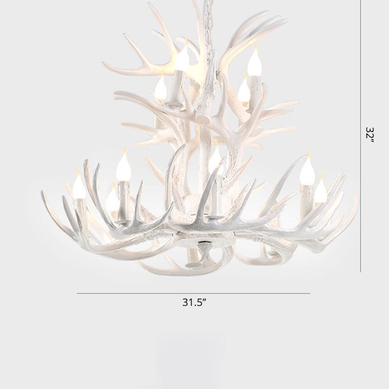 Artificial Antler Rustic Chandelier – Resin &amp; Wood Pendant with Exposed Bulbs