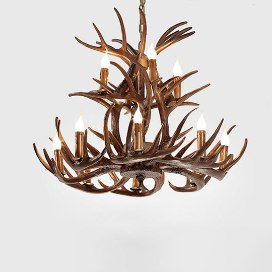 Artificial Antler Rustic Chandelier – Resin &amp; Wood Pendant with Exposed Bulbs