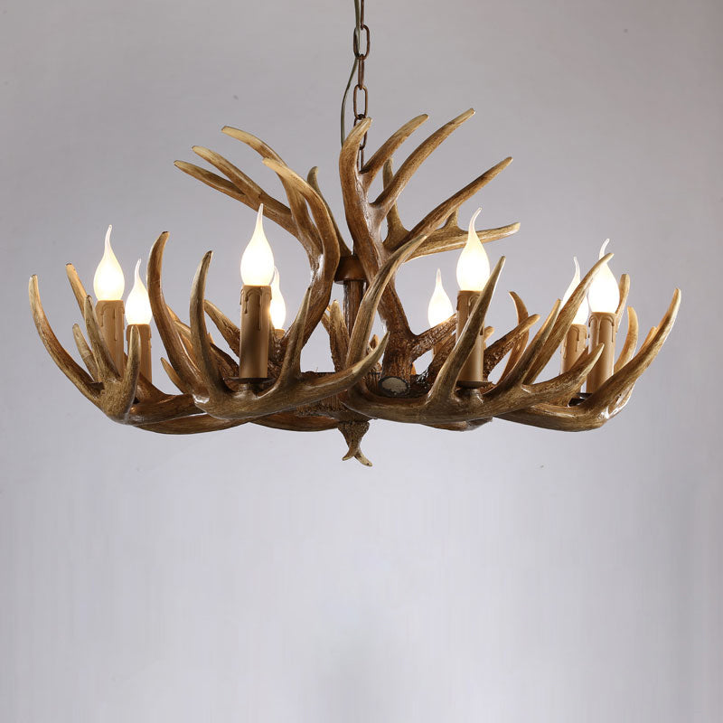 Artificial Antler Rustic Chandelier – Resin &amp; Wood Pendant with Exposed Bulbs