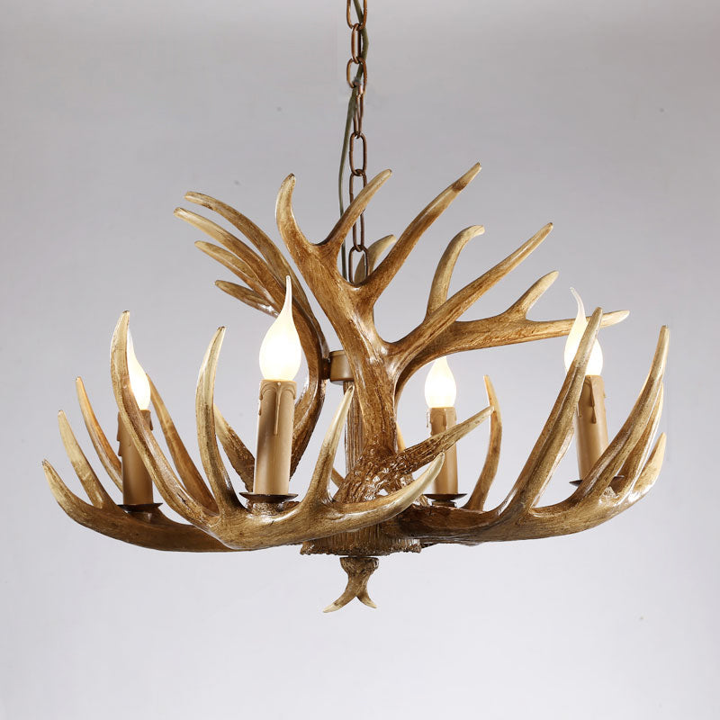 Artificial Antler Rustic Chandelier – Resin &amp; Wood Pendant with Exposed Bulbs