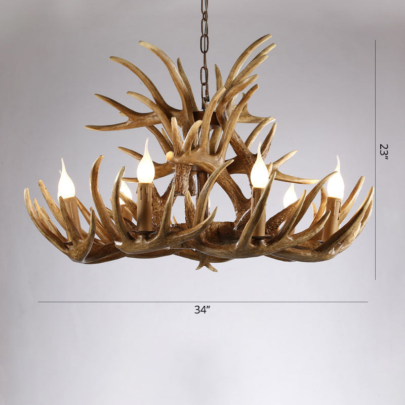 Artificial Antler Rustic Chandelier – Resin &amp; Wood Pendant with Exposed Bulbs