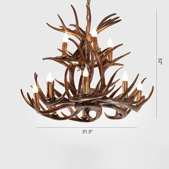 Artificial Antler Rustic Chandelier – Resin &amp; Wood Pendant with Exposed Bulbs