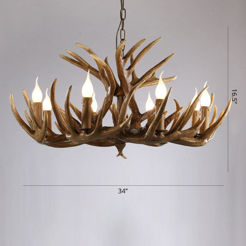 Artificial Antler Rustic Chandelier – Resin &amp; Wood Pendant with Exposed Bulbs