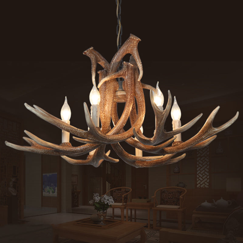 Rustic Resin Antler Chandelier – 6-Light Brown-Yellow &amp; White Dining Pendant