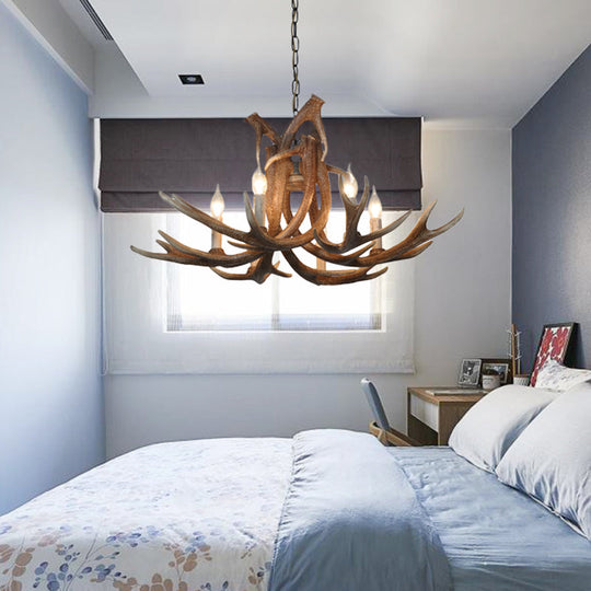 Rustic Resin Antler Chandelier – 6-Light Brown-Yellow &amp; White Dining Pendant