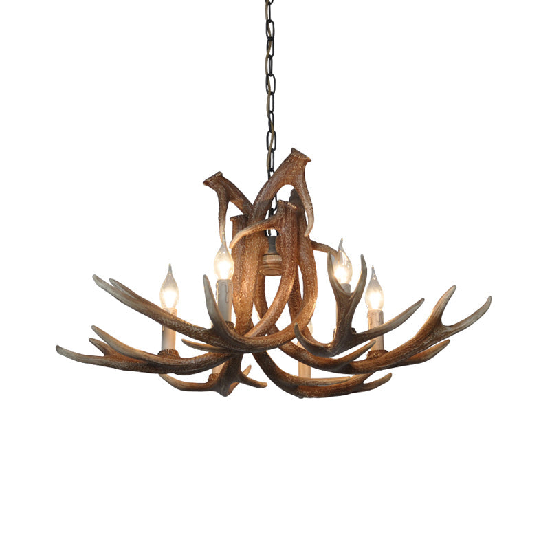 Rustic Resin Antler Chandelier – 6-Light Brown-Yellow &amp; White Dining Pendant