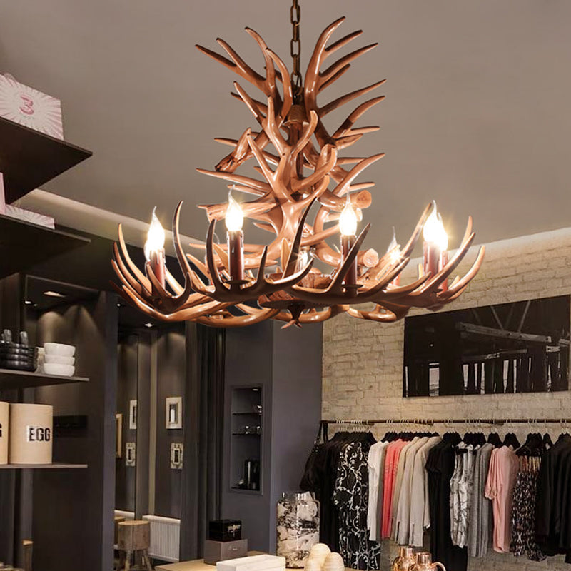 Rustic 9-Head Antler Resin Chandelier – Farmhouse Brown Pendant for Dining &amp; Living Spaces