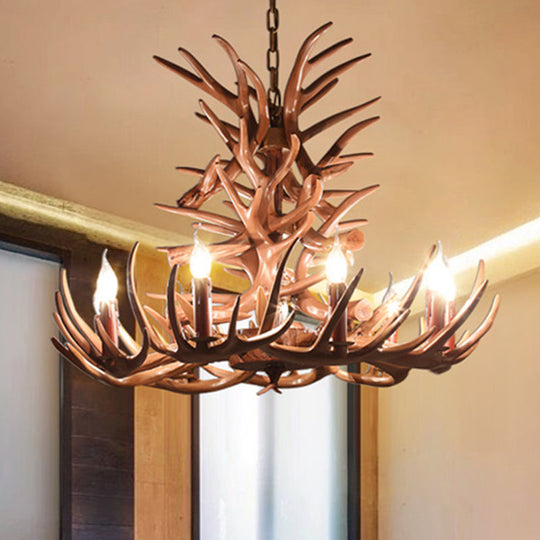 Rustic 9-Head Antler Resin Chandelier – Farmhouse Brown Pendant for Dining &amp; Living Spaces
