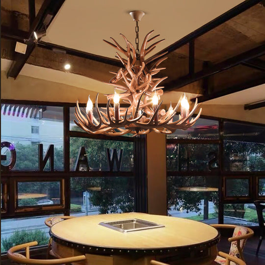 Rustic 9-Head Antler Resin Chandelier – Farmhouse Brown Pendant for Dining &amp; Living Spaces