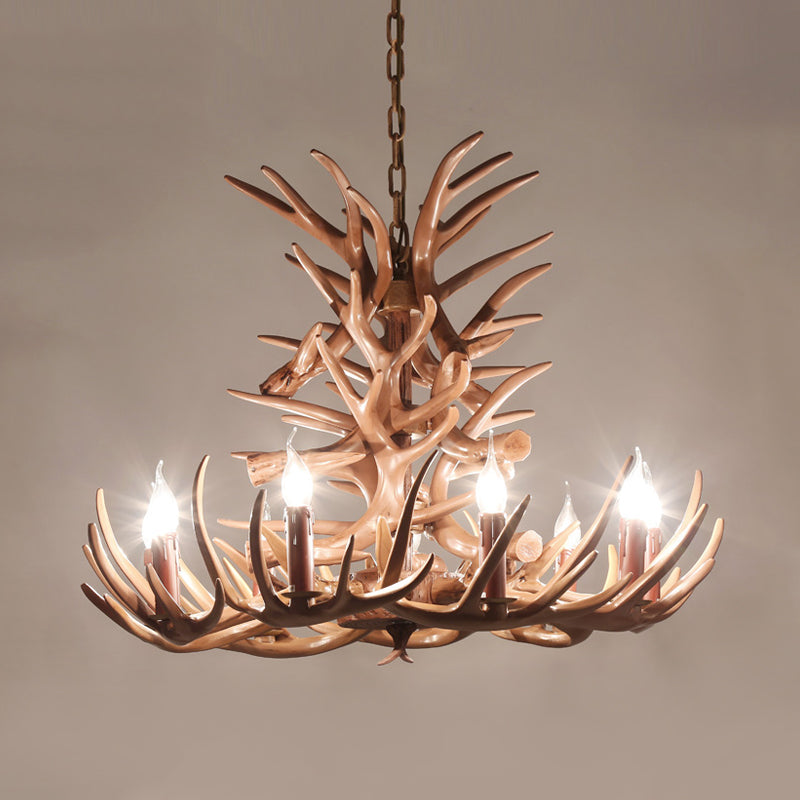 Rustic 9-Head Antler Resin Chandelier – Farmhouse Brown Pendant for Dining &amp; Living Spaces