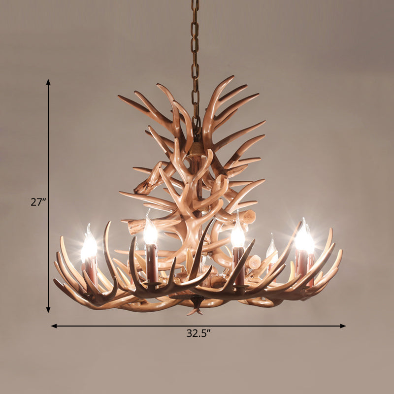 Rustic 9-Head Antler Resin Chandelier – Farmhouse Brown Pendant for Dining &amp; Living Spaces