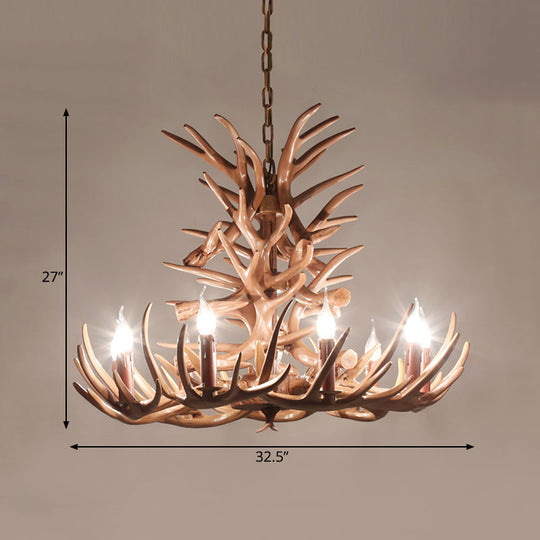 Rustic 9-Head Antler Resin Chandelier – Farmhouse Brown Pendant for Dining &amp; Living Spaces
