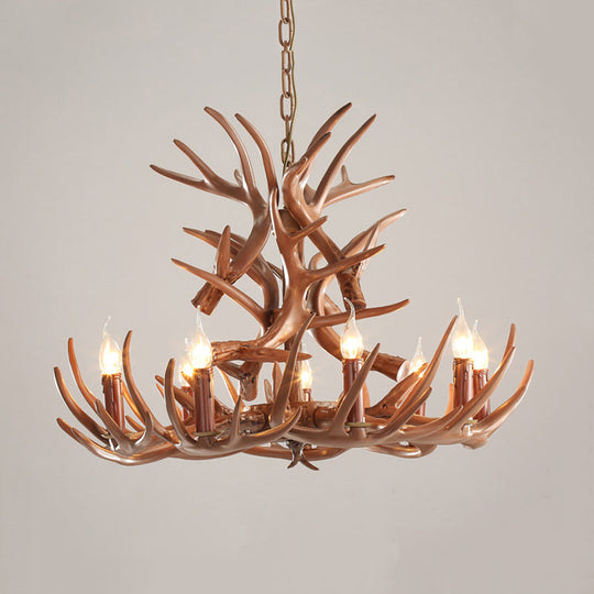 Rustic 9-Head Antler Resin Chandelier – Farmhouse Brown Pendant for Dining &amp; Living Spaces