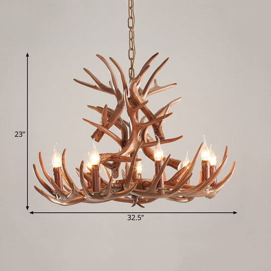 Rustic 9-Head Antler Resin Chandelier – Farmhouse Brown Pendant for Dining &amp; Living Spaces