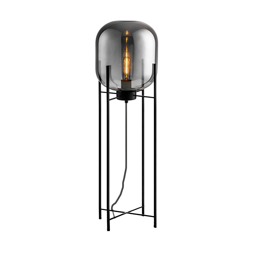 Industrial Standing Metal &amp; Hand-Blown Glass Floor Lamp
