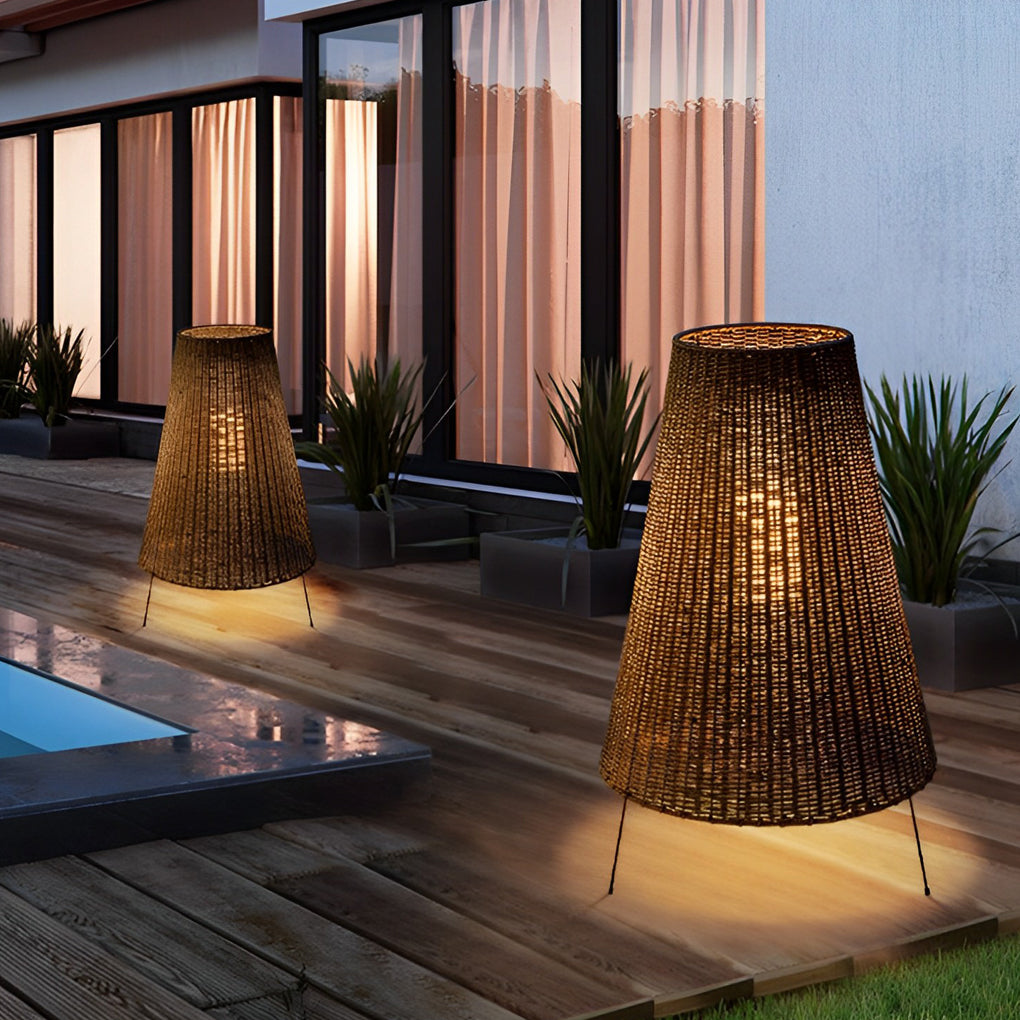 Rustic Rattan Tripod Outdoor Floor Lamp with LED