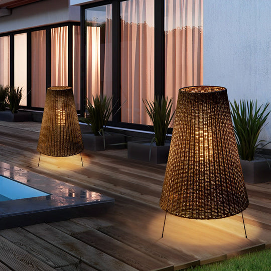 Rustic Rattan Tripod Outdoor Floor Lamp with LED
