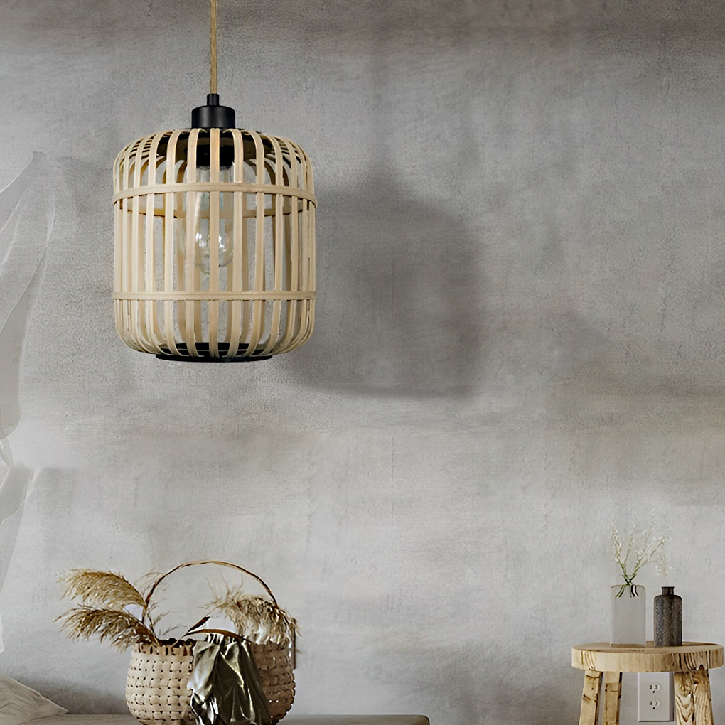 Handmade Rattan Lantern Shape Minimalist Japanese Style Pendant Light