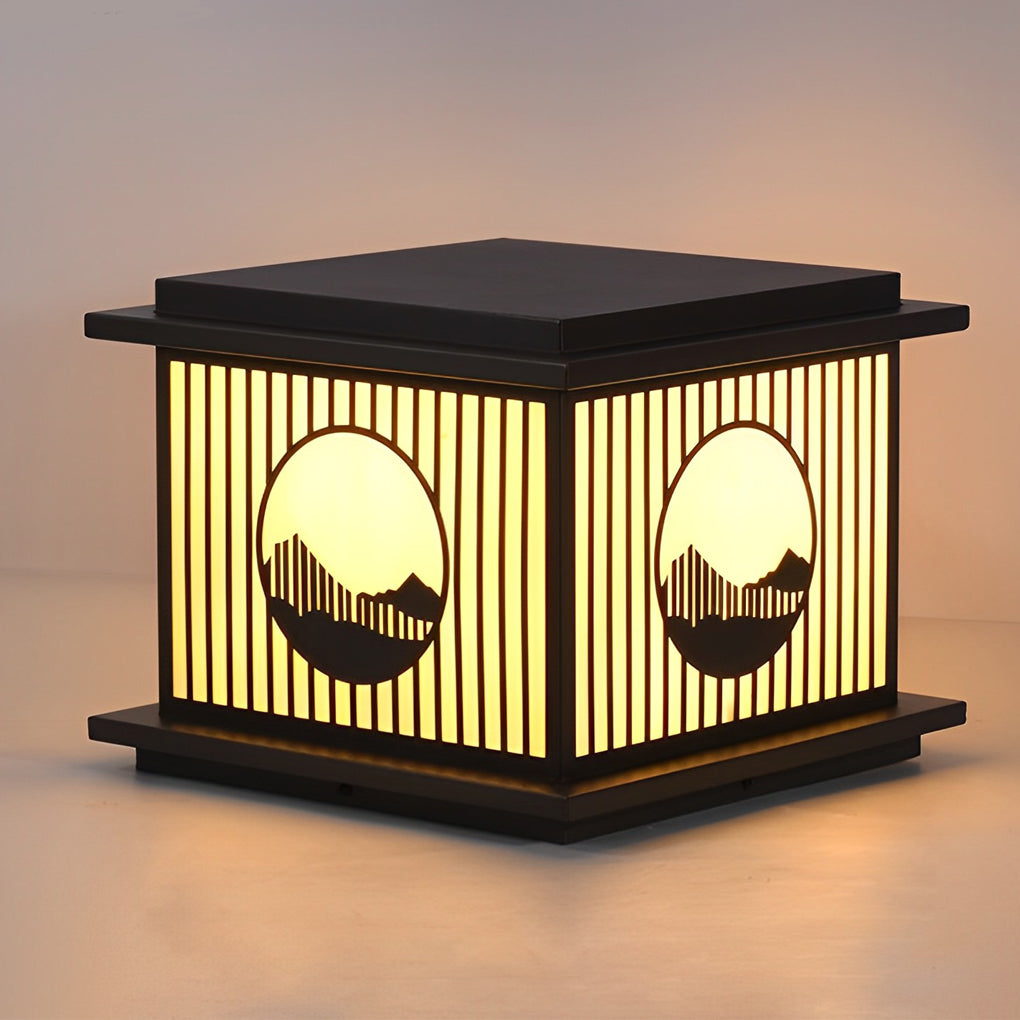 Retro Mountain Scenery LED Waterproof Black Solar Pillar Lamp